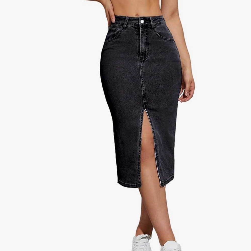 High-Waist Black Denim Midi Skirt with Front Slit